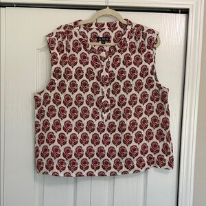 J. Crew Sleeveless Blouse with Red and Cream Leaf Pattern
